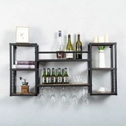 Industrial Hanging Wine Rack Wall Mounted With 5 Stem Glass Holder,47.2in Rustic Wine Glass Rack Wall Mount,Wine Glass Shelf Metal Floating Bar Shelves,Wall Shelf Wine Bottle Holder Wood Shelves -Amazon Store 51b1I8gMk3L