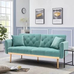 SSLine Velvet Loveseat Sofa,64inch Modern Futon Couch Sofa Couch With 2 Pillows And Rose Gold Metal Feet,Upholstered Accent Sofa Folding Sofa Bed For Living Room Bedroom(Lights Blue, Type-2) -Amazon Store 51b8VtazB4L