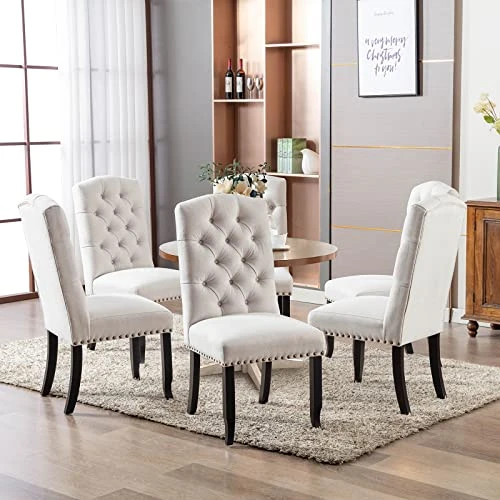 COLAMY Tufted Dining Chairs Set Of 6, Upholstered Parsons Dining Room Chairs, Fabric Kitchen Side Chair With Nailhead Trim And Wood Legs, Beige 5 COLAMY Tufted Dining Chairs Set Of 6, Upholstered Parsons Dining Room Chairs, Fabric Kitchen Side Chair With Nailhead Trim And Wood Legs, Beige - Image 3