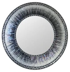 DecorShore Kaleidoscope 24 Inch Wall Mirror, Luxe Multi-Colored Silver And Iridescent Charcoal Gray Glass Mosaic Framed Wall Mirror, Decorative Round Accent/Vanity Mirror (24" X 24")