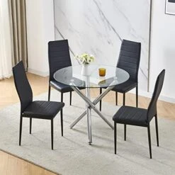 BELIFEGLORY Dining Table With Chairs Set, 5PCS Round Glass Table Set Modern Tempered Glass Top Table With 4 Velvet Chairs Dining Room Furniture -Amazon Store 51bXOaN9YhL. AC