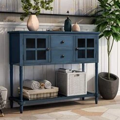 LZ LEISURE ZONE Console Table With Bottom Shelf, Buffet Sideboard Farmhouse Wood Storage Cabinet For Living Room (Antique Navy, 42“L)