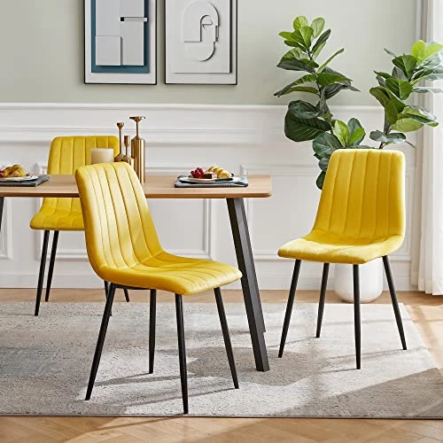 NORDICANCA Velvet Dining Chair Set Of 4, Armless Yellow Reading Chair With Sewing Threads Metal Coated Legs, Modern Side Chair For Home 6 NORDICANCA Velvet Dining Chair Set Of 4, Armless Yellow Reading Chair With Sewing Threads Metal Coated Legs, Modern Side Chair For Home - Image 4