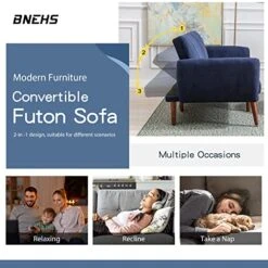 BNEHS Futon Sofa Bed,Convertible Couch Modern Linen Fabric,Adjustable Sleeper Sofa Loveseat Futon Set With Removable Armrest,Wooden Frame&Leg For Compact Living Space,Apartment, Dorm(Blue) -Amazon Store 51bir3p2eLL