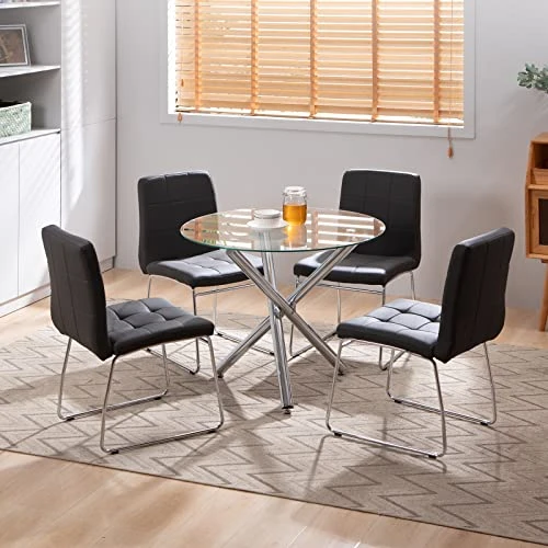 SICOTAS Dinner Table Set For 4 - Round Glass Kitchen Table With 4 Chairs, Modern Dining Table Set With Metal Legs, 5 Piece Dinning Room Table Set For Apartment Kitchen, Dining Room, Black 9 SICOTAS Dinner Table Set For 4 - Round Glass Kitchen Table With 4 Chairs, Modern Dining Table Set With Metal Legs, 5 Piece Dinning Room Table Set For Apartment Kitchen, Dining Room, Black - Image 7