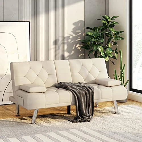 ITUSUT Upholstered Futon Sofa Bed, Convertible Folding Sleeper Couch For Apartment, Dorm, 2 Cupholders, Wood Frame And Easy Assembly, Cream Beige 4 ITUSUT Upholstered Futon Sofa Bed, Convertible Folding Sleeper Couch For Apartment, Dorm, 2 Cupholders, Wood Frame And Easy Assembly, Cream Beige - Image 2