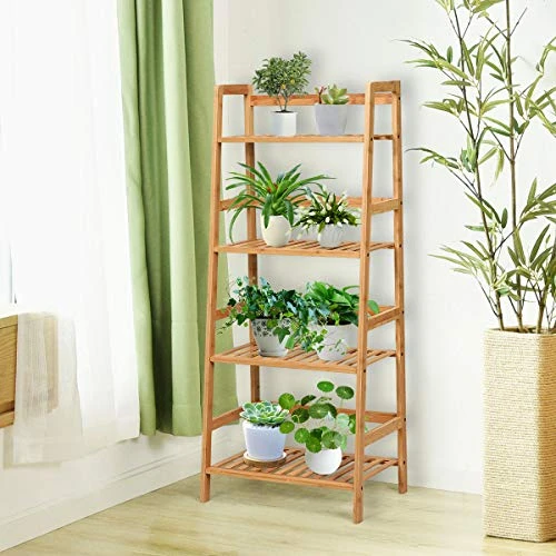 GRAFFY 4-Tier Ladder Shelf Plant Stand, Bamboo Ladder-Shaped Bookcase Storage Shelves, Multifunctional Display Rack, Plant Stand Flower Pots Holder For Living Room/Bathroom/Bedroom (Natural) 5 GRAFFY 4-Tier Ladder Shelf Plant Stand, Bamboo Ladder-Shaped Bookcase Storage Shelves, Multifunctional Display Rack, Plant Stand Flower Pots Holder For Living Room/Bathroom/Bedroom (Natural) - Image 3