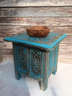 SUNDERSHALA Mango Antique Wooden Square Shape Hand Carving Foldable Coffee Stool For Adults Indoor & Outdoor, Garden Patio Backyard (Blue, 12.76 X 12.68 X 5.55 Inches) -Amazon Store 51c4CjObRiL. AC