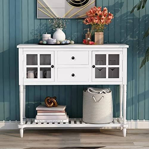 42" Wide Console Table Sideboard Buffet Server With 2 Doors And Bottom Shelf, Sideboard Storage Cabinet For Living Room (White) 4 42" Wide Console Table Sideboard Buffet Server With 2 Doors And Bottom Shelf, Sideboard Storage Cabinet For Living Room (White) - Image 2