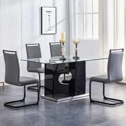 Pvillez Contemporary Glass Dining Table For 6, 63" Tempered Glass Top Dining Table W/High Gloss Wood Frame, Stainless Steel Pedestal Base, Rectangular Glass Dinner Kitchen Table For Dining Room Black -Amazon Store 51cDfaPosJL. AC