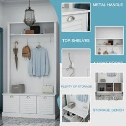 ECACAD Hall Tree With Storage Bench & Doors, 3-in-1 Entryway Bench With Coat Rack, Tall Hall Tree With 4 Metal Hooks & Storage Shelf For Hallway, Living Room, White (41.3”W X 18.1”D X 74.8”H) -Amazon Store 51cIfuHQuAL