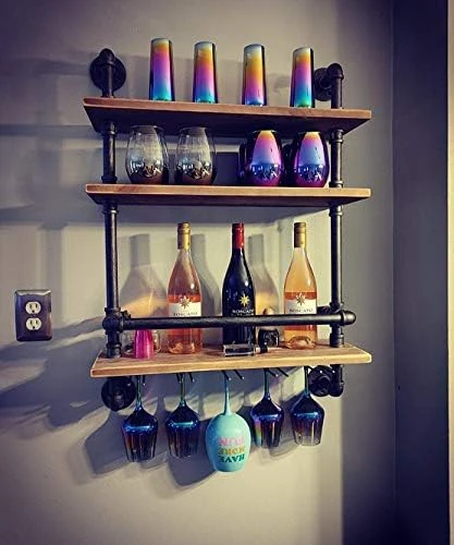 HAOVON Industrial Pipe Shelf Wine Rack Wall Mounted With 9 Stem Glass Holder,3-Tiers Rustic Floating Bar Shelves Wine Shelf,36in Real Wood Shelves Wall Shelf Unit,Pipe Shelving Glass Rack 10 HAOVON Industrial Pipe Shelf Wine Rack Wall Mounted With 9 Stem Glass Holder,3-Tiers Rustic Floating Bar Shelves Wine Shelf,36in Real Wood Shelves Wall Shelf Unit,Pipe Shelving Glass Rack - Image 8