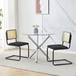 BELIFEGLORY Dining Table With Chairs Set, 5PCS Round Glass Table Set Modern Tempered Glass Top Table With 4 Velvet Chairs Dining Room Furniture -Amazon Store 51cUvdomkWL. AC