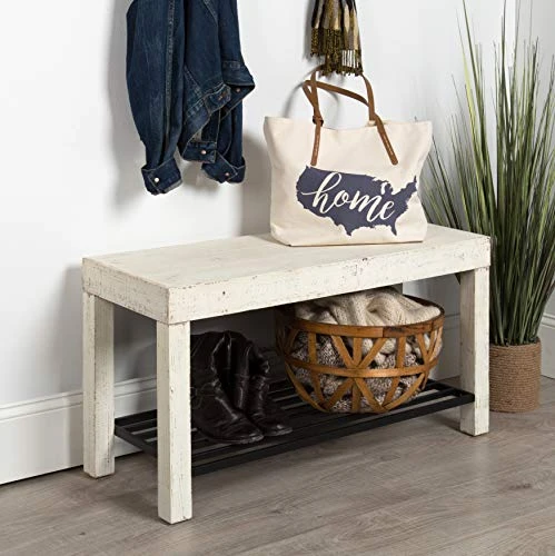 Kate And Laurel Jeran Rustic Farmhouse Bench With Iron Shoe Shelf, 36" X 14" X 20", White, Chic Entry Bench For Decor Or Storage 4 Kate And Laurel Jeran Rustic Farmhouse Bench With Iron Shoe Shelf, 36" X 14" X 20", White, Chic Entry Bench For Decor Or Storage - Image 2