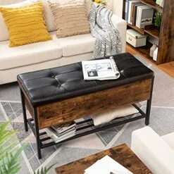 HOOBRO Industrial Storage Bench, End Of Bed Storage Bench, Entryway Bench With Shoe Shelf, Flip Top Toy Box Storage Chest, Bed End Stool For Bedroom, Entryway, Hallway Brown And Black BF98CW01G1 -Amazon Store 51d8ts2JlgS