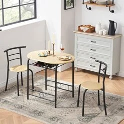 VECELO 3-Piece Bar Table Set, Round Tabletop & Chair For Kitchen Dining Room Breakfast, Built-in Wine Rack, Space Saving[X-Large], 33.46" Length X 23.6" Width, Black And Natural -Amazon Store 51d9A9gHZZL