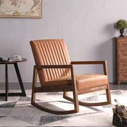 HNY Mid Century Rocking Nursery Chair With Wood Frames, Faux Leather Upholstered Farmhouse Living Room Armchair, For Living Room Bedroom, Light Brown -Amazon Store 51dFNtf8tdL