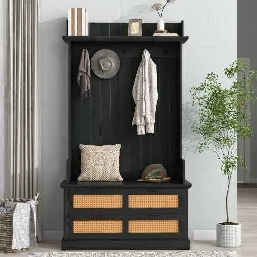 GUTK Hall Tree With 2 Flip Shoe Storage Drawers, Coat Rack With 4 Metal Hooks And 3 Top Shelves, Wood Hallway Entryway Storage Bench Coat Hanger For Livng Room Bedroom (White) 10 GUTK Hall Tree With 2 Flip Shoe Storage Drawers, Coat Rack With 4 Metal Hooks And 3 Top Shelves, Wood Hallway Entryway Storage Bench Coat Hanger For Livng Room Bedroom (White) - Image 8