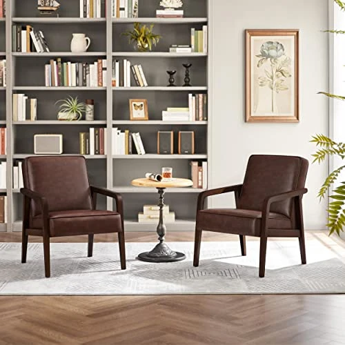 Yaheetech PU Leather Accent Chair, Mid-Century Modern Barrel Chair With Wooden Frame And Soft Thick Padded For Living Room Bedroom Home Office, Set Of 2, Dark Brown 5 Yaheetech PU Leather Accent Chair, Mid-Century Modern Barrel Chair With Wooden Frame And Soft Thick Padded For Living Room Bedroom Home Office, Set Of 2, Dark Brown - Image 3