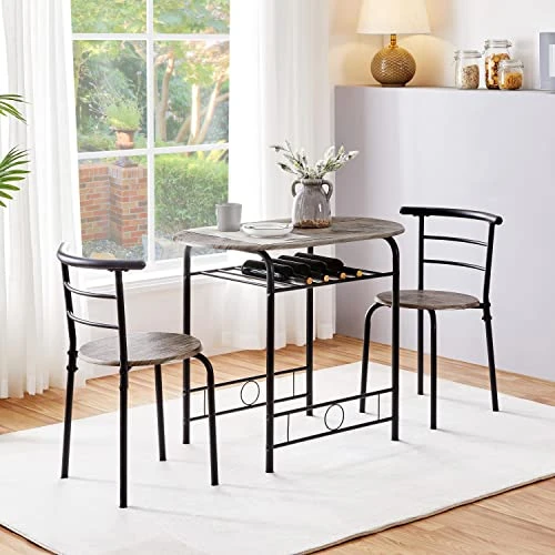 Yaheetech 3 Piece Round Dining Table Set Kitchen Breakfast Table Set For 2 Dining Table With 2 Chairs Space Saving Table Set W/Metal Frame, Wine Rack For Small Space/Apartment, Drift Brown 4 Yaheetech 3 Piece Round Dining Table Set Kitchen Breakfast Table Set For 2 Dining Table With 2 Chairs Space Saving Table Set W/Metal Frame, Wine Rack For Small Space/Apartment, Drift Brown - Image 2