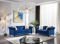 3-Piece Velvet Upholstered Living Room Furniture Set, Including 3-Seater Sofa, Loveseat And Single Sofa Chair With Button And Copper Nail On Arms And Back, Five White Villose Pillows Included, Blue -Amazon Store 51dbyKRy8RL. AC