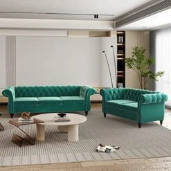 MIYZEAL 2 Pieces Living Room Sectional Sofa Set, Modern Velvet Button Tufted Chesterfield Sofa With Rolled Arm, Classic Upholstered Low Back Loveseat 3 Seater Couch For Living Room (Gray) -Amazon Store 51dlSAjbjTL. AC