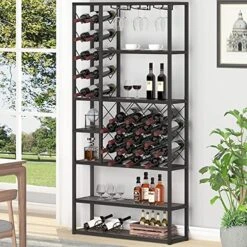 Launica Wine Rack Freestanding Floor, Modern Tall Display Wine Storage Shelves, Wood And Metal Rustic Farmhouse Stackable Bakers Rack, Coffee Buffet Bar Cabinet For Kitchen Dining Room, Dark Gray Oak