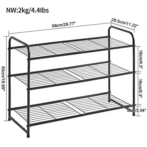 YMYNY Freestanding Shoe Racks, 3 Tiers Stackable & Adjustable Shoe Storage Shelf, Metal Wire Grid Shoe Organizer For 12-16 Pairs, For Entryway, Closet, Bedroom, Black, 26.8" L, UHXJ301B 4 YMYNY Freestanding Shoe Racks, 3 Tiers Stackable & Adjustable Shoe Storage Shelf, Metal Wire Grid Shoe Organizer For 12-16 Pairs, For Entryway, Closet, Bedroom, Black, 26.8" L, UHXJ301B - Image 2