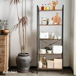 Babion Ladder Shelf, 5-Tier Ladder Bookshelf Plant Shelf Indoor Wood Storage Shelf With Metal Frame Vintage Bookcase Standing Shelf Industrial Display Shelf For Office, Bedroom, Kitchen(Rustic Brown
