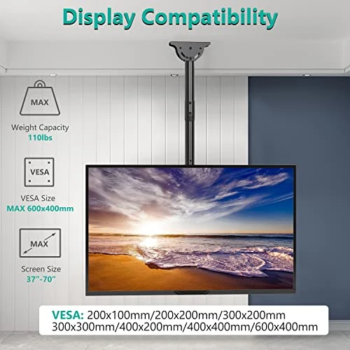 WALI Ceiling TV Mount, Full Motion Adjustable TV Mount Bracket Fits Most Ultrawide LED, LCD, OLED 4K TVs 37 To 70 Inch, Up To 110lbs, VESA 600x400mm (CM3770), Black 4 WALI Ceiling TV Mount, Full Motion Adjustable TV Mount Bracket Fits Most Ultrawide LED, LCD, OLED 4K TVs 37 To 70 Inch, Up To 110lbs, VESA 600x400mm (CM3770), Black - Image 2