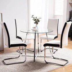 5 Pieces Dining Table And Chairs Set - Modern Round Dining Room Table With 4 Leather Chairs - Tempered Glass Table Top And Chrome Legs Kitchen Table Set For Small Space - White 30 5 Pieces Dining Table And Chairs Set - Modern Round Dining Room Table With 4 Leather Chairs - Tempered Glass Table Top And Chrome Legs Kitchen Table Set For Small Space - White -Amazon Store 51e27cDBXL. AC 1