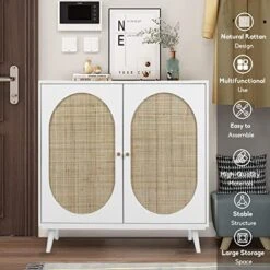 Pvillez Modern Storage Cabinet With Natural Rattan Doors, Sideboard Buffet Cabinet With Storage, Adjustable Shelves, Rattan Cabinet Console Table For Living Room, Dining Room, Entryway, White -Amazon Store 51e5BvFhX1L