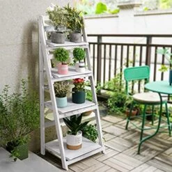 ECOMEX Foldable Plant Shelf, Ladder Shelf, Indoor Plant Stand, Ladder Bookshelf, Wood Rustic Ladder Shelf For Patio Garden Home Living Room(White) -Amazon Store 51e6tVtCnrL