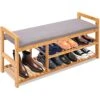 SereneLife 2 In 1 Bamboo Shoe Rack Bench With Storage And Cushion Seat, 3 Tier Small Organizer Wooden Furniture, For Entryway, Hallway, Living Room, Bathroom, Garage, Bedroom, Indoor And Outdoor Use