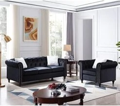 3-Piece Velvet Upholstered Living Room Furniture Set, Including 3-Seater Sofa, Loveseat And Single Sofa Chair With Button And Copper Nail On Arms And Back, Five White Villose Pillows Included, Blue -Amazon Store 51eCd5WYYeL. AC