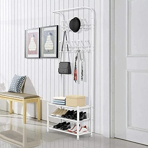 Coat Rack Shoe Bench With 16 Hooks, Metal Entryway Storage Shelf Coat Rack Stand With 3-Tier Shoe Rack, Entryway Organiser Coat Hat Stand For Hall, 3-in-1 Hall Tree With Metal Frame, Easy Assembly 7 Coat Rack Shoe Bench With 16 Hooks, Metal Entryway Storage Shelf Coat Rack Stand With 3-Tier Shoe Rack, Entryway Organiser Coat Hat Stand For Hall, 3-in-1 Hall Tree With Metal Frame, Easy Assembly - Image 5