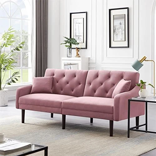 Olela Futon Sofa Bed Convertible Couch Bed With Armrests Modern Living Room Velvet Sofa Bed, Folding Recliner Futon Couch Sleeper Set With Wood Legs, Pink - Velvet 8 Olela Futon Sofa Bed Convertible Couch Bed With Armrests Modern Living Room Velvet Sofa Bed, Folding Recliner Futon Couch Sleeper Set With Wood Legs, Pink - Velvet - Image 6