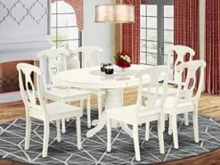 East West Furniture AVKE7-LWH-W Wooden Dining Table Set - 6 Wooden Chairs With Wooden Seat - A Butterfly Leaf Modern Dining Table - Linen White Finish 10 East West Furniture AVKE7-LWH-W Wooden Dining Table Set - 6 Wooden Chairs With Wooden Seat - A Butterfly Leaf Modern Dining Table - Linen White Finish -Amazon Store 51el269BHL. AC