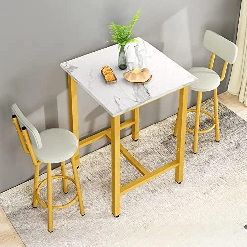 AWQM Small Dining Table Set For 2, Bar Set With 1 Square Table And 2 Upholstered Chairs With Back, Faux Marble Table Breakfast Table With Footrest For Home & Kitchen (White & Gold) 17 AWQM Small Dining Table Set For 2, Bar Set With 1 Square Table And 2 Upholstered Chairs With Back, Faux Marble Table Breakfast Table With Footrest For Home & Kitchen (White & Gold) - Image 15
