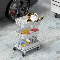 Simple Houseware 3-Tier Kitchen Cart Multifunctional Rolling Utility Cart With 2 Dividers And Hanging Bucket, White -Amazon Store 51f8MPjxTUL