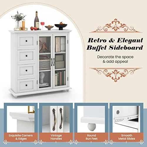COSTWAY Buffet Sideboard Storage Cabinet, Console Table With 4 Drawers, 2-Glass Door, For Kitchen Dining Room, Entryway, Kitchen Pantry, Buffet Server (White) 9 COSTWAY Buffet Sideboard Storage Cabinet, Console Table With 4 Drawers, 2-Glass Door, For Kitchen Dining Room, Entryway, Kitchen Pantry, Buffet Server (White) - Image 7