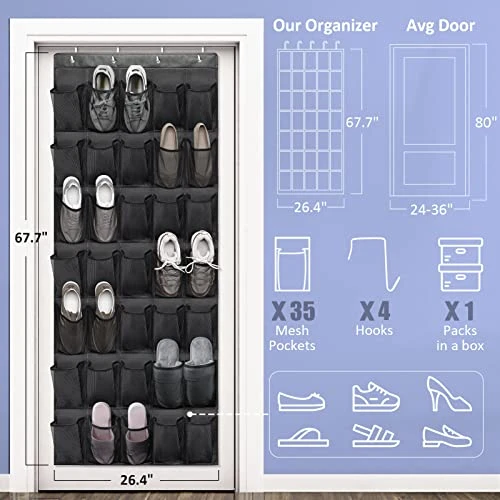 Over The Door Shoe Organizers 35 Durable Mesh Pockets Hanging Shoe Organizer Shoe Rack For Closet Entryway Bedroom Bathroom Pantry Shoe Holder, Men Sneakers, Women High Heeled Shoes, Flip Flops Black 4 Over The Door Shoe Organizers 35 Durable Mesh Pockets Hanging Shoe Organizer Shoe Rack For Closet Entryway Bedroom Bathroom Pantry Shoe Holder, Men Sneakers, Women High Heeled Shoes, Flip Flops Black - Image 2