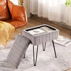 CUYOCA Vanity Stool Ottoman With Storage Bench, Faux Fur Stool For Vanity With Metal Legs, Makeup Chair Vanity Stool For Bedroom Living Room, White -Amazon Store 51fDfwSUDcL. AC