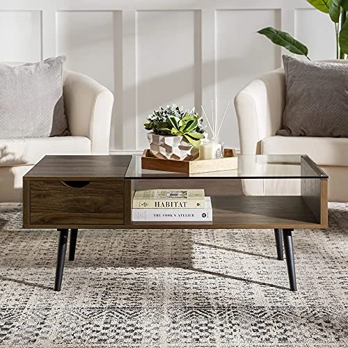 Walker Edison Montclair Mid Century Modern Two Toned 1 Drawer Coffee Table, 42 Inch, Glass And Dark Walnut & Theo Mid Century Modern 2 Door Asymmetrical Glass Shelf Buffet, 44 Inch, Dark Walnut 5 Walker Edison Montclair Mid Century Modern Two Toned 1 Drawer Coffee Table, 42 Inch, Glass And Dark Walnut & Theo Mid Century Modern 2 Door Asymmetrical Glass Shelf Buffet, 44 Inch, Dark Walnut - Image 3