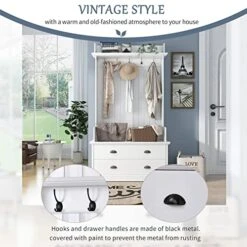 TAVENS Hall Tree With Storage Bench, 3-in-1 Entryway Bench With Coat Rack, Standing Coat Rack With 5 Metal Hooks And 2 Large Drawers For Hallway, Living Room, Mudroom 38.5”W X 15.7”D X 75”H,White -Amazon Store 51fHIfvlHfL