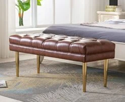 Guyou 42 In Tufted Leather End Of Bed Bench Gold Legs, Modern Vintage Entryway Ottoman Bench, Upholstered Foyer Bench With Gold Legs For Living Room Bedroom (Brown) -Amazon Store 51fMMAexWbL
