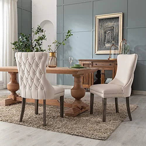 KCC Velvet Dining Chairs Set Of 4, Tufted Upholstered Wingback High-end Dining Kitchen Chair With Nailhead Solid Wood Legs, Contemporary Nikki Collection Modern Style, Beige 4 KCC Velvet Dining Chairs Set Of 4, Tufted Upholstered Wingback High-end Dining Kitchen Chair With Nailhead Solid Wood Legs, Contemporary Nikki Collection Modern Style, Beige - Image 2