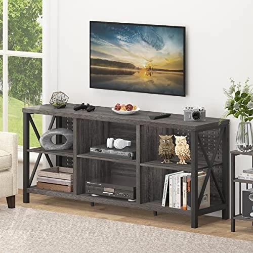 IBF Industrial Entertainment Center, Rustic Farmhouse Wood And Metal TV Stand For 55 Inch TV, Modern Television Stands Table With Media Console Storage For Living Room Bedroom, Dark Gray Oak, 47 Inch 4 IBF Industrial Entertainment Center, Rustic Farmhouse Wood And Metal TV Stand For 55 Inch TV, Modern Television Stands Table With Media Console Storage For Living Room Bedroom, Dark Gray Oak, 47 Inch - Image 2