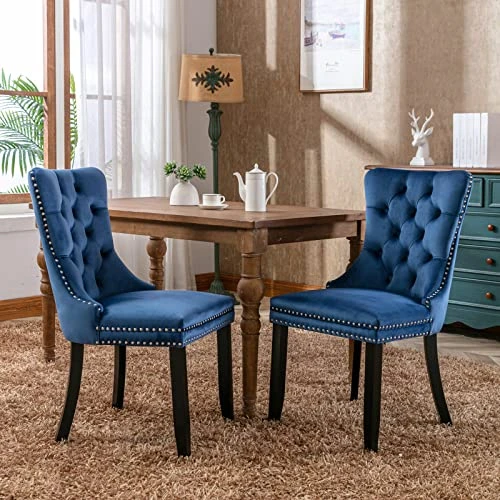 Winwee Set Of 2 Dining Chairs Leisure Padded Chair, Tufted Solid Wood Velvet Upholstered Dining Chair With Nailhead Trim& Ring Pull For Kitchen, Living Room (Blue), (WINWETO-00192) 3 Winwee Set Of 2 Dining Chairs Leisure Padded Chair, Tufted Solid Wood Velvet Upholstered Dining Chair With Nailhead Trim& Ring Pull For Kitchen, Living Room (Blue), (WINWETO-00192)