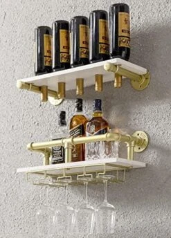 WAKI HOME Industrial Wall Mounted Wine Rack, Wine Bottle Stemware Glass Rack, Floating Wood Shelf Pipe Hanging Shelving With Glass Holders For Wine Glasses, Flutes, Mugs, Home Décor, Kitchen, Bar -Amazon Store 51faTUwRGoL. AC